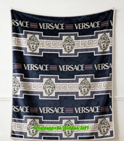 Versace Navy Blue Beige Medusa Greek Key Print Flannel Sofa Throw Blanket IMG_1443